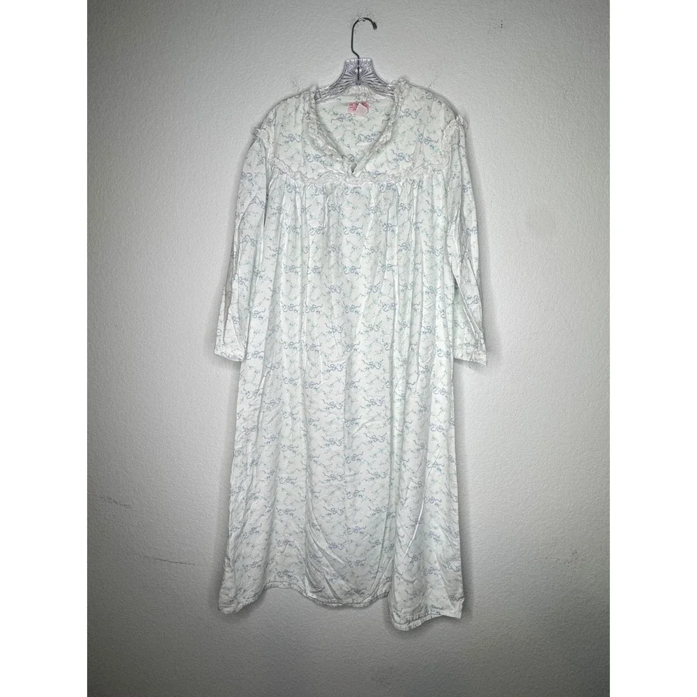 Honors Intimates Vintage Floral Cotton Nightgown White Blue Lace Trim XXL